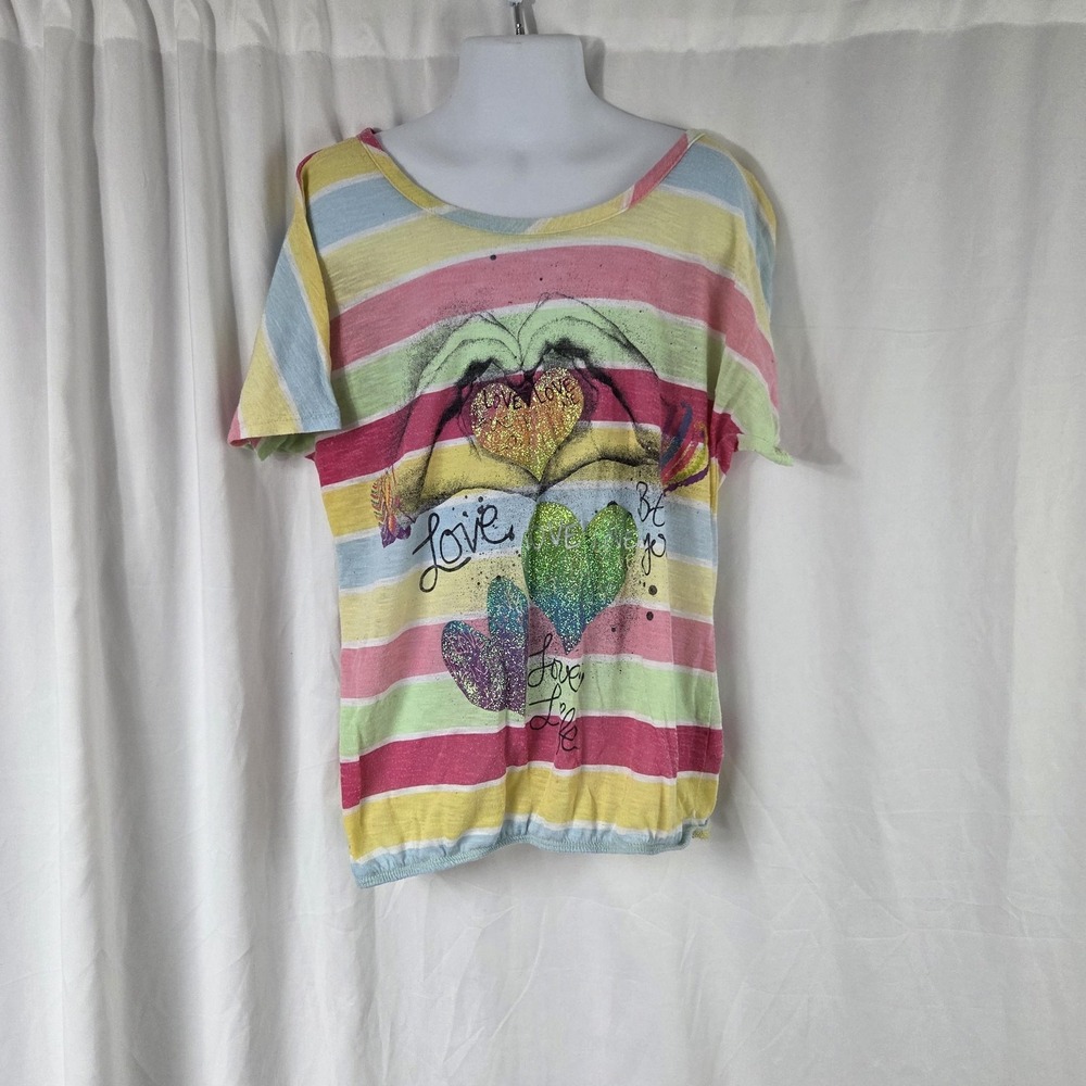Self Esteem Shirt Girls Medium Multicolor Stripe Hearts Love Glitter Tee Top